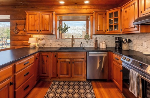 Goreville Cabin | Luxury Log Cabin w/Beach & Dock Sleeps 12