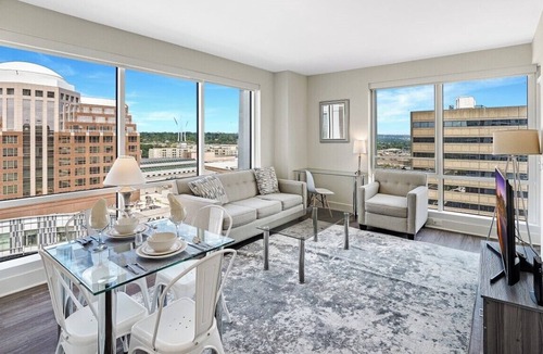 Airport Area Apartment | Wheelchair Access 1BR | Pet-friendly, Gym & Fireplace!